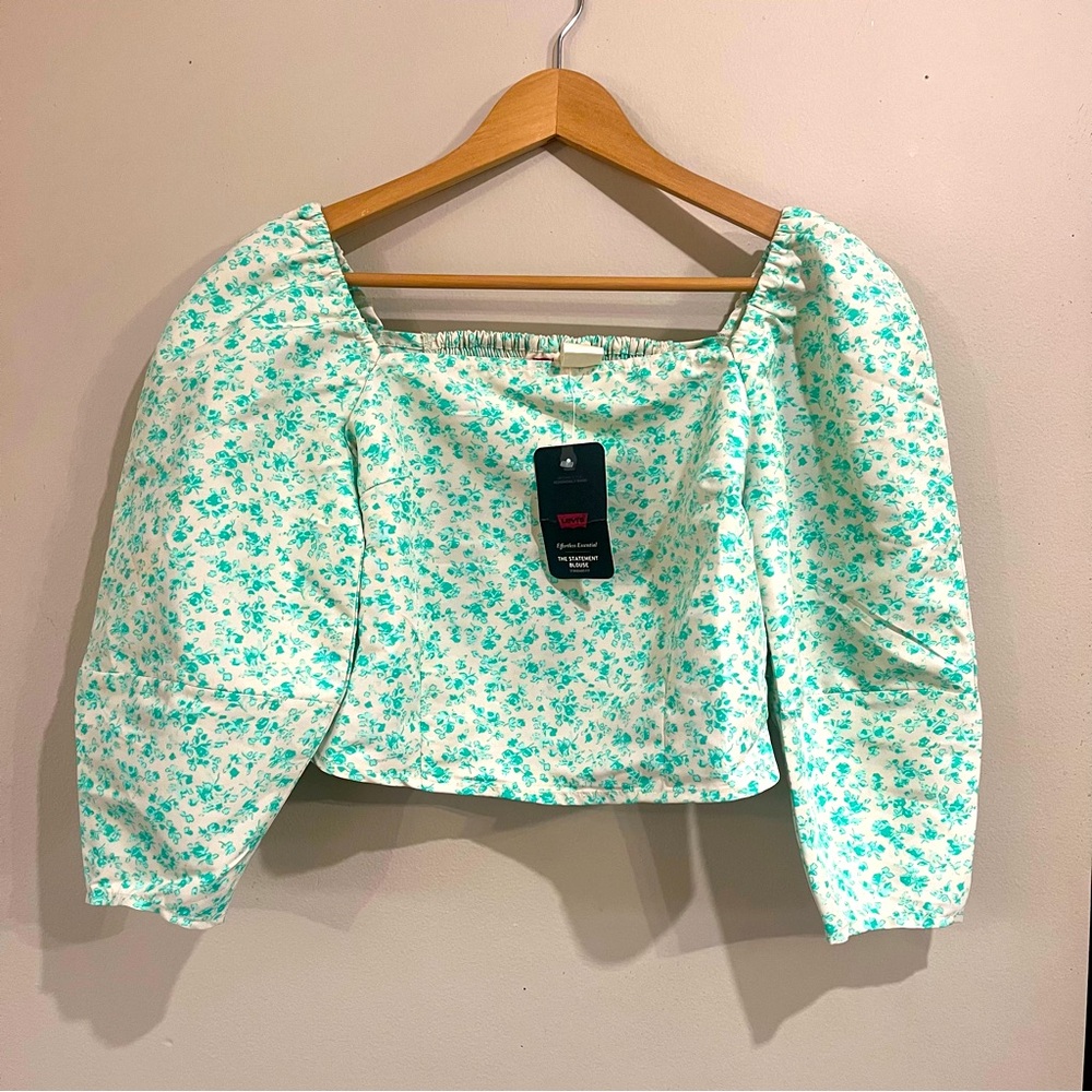 Levi's Women's Small Statement Blouse Cream Mint Floral Cropped Smocked